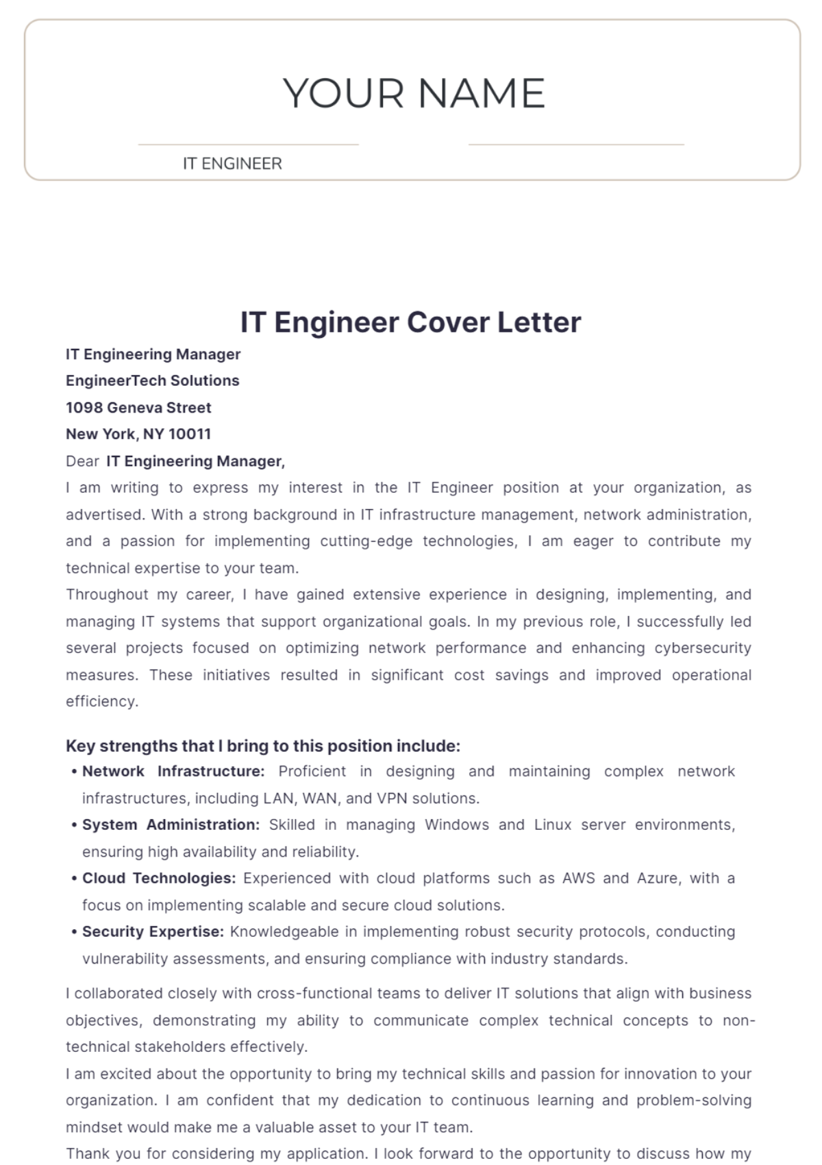 IT Engineer Cover Letter - Edit Online & Download