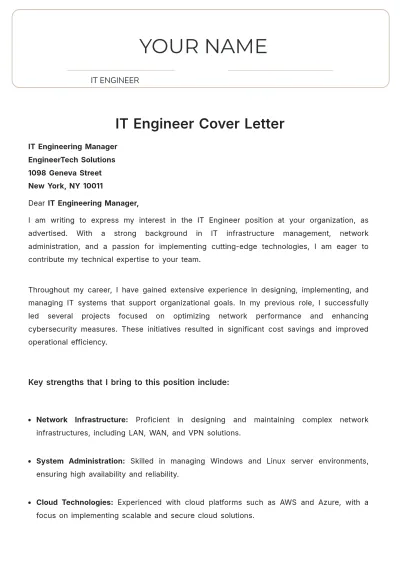 Free IT Engineer Cover Letter to Edit Online
