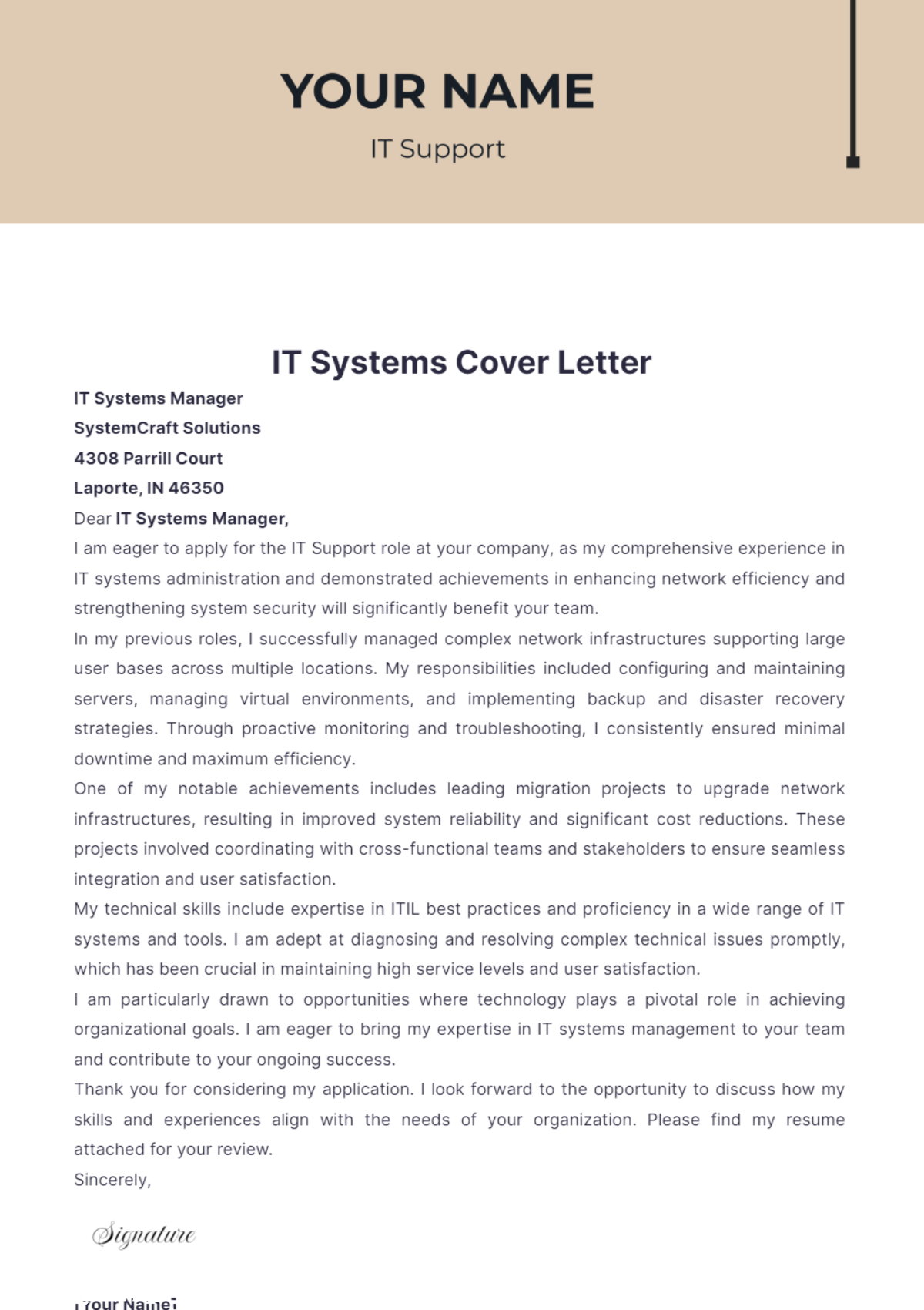 IT Systems Cover Letter - Edit Online & Download