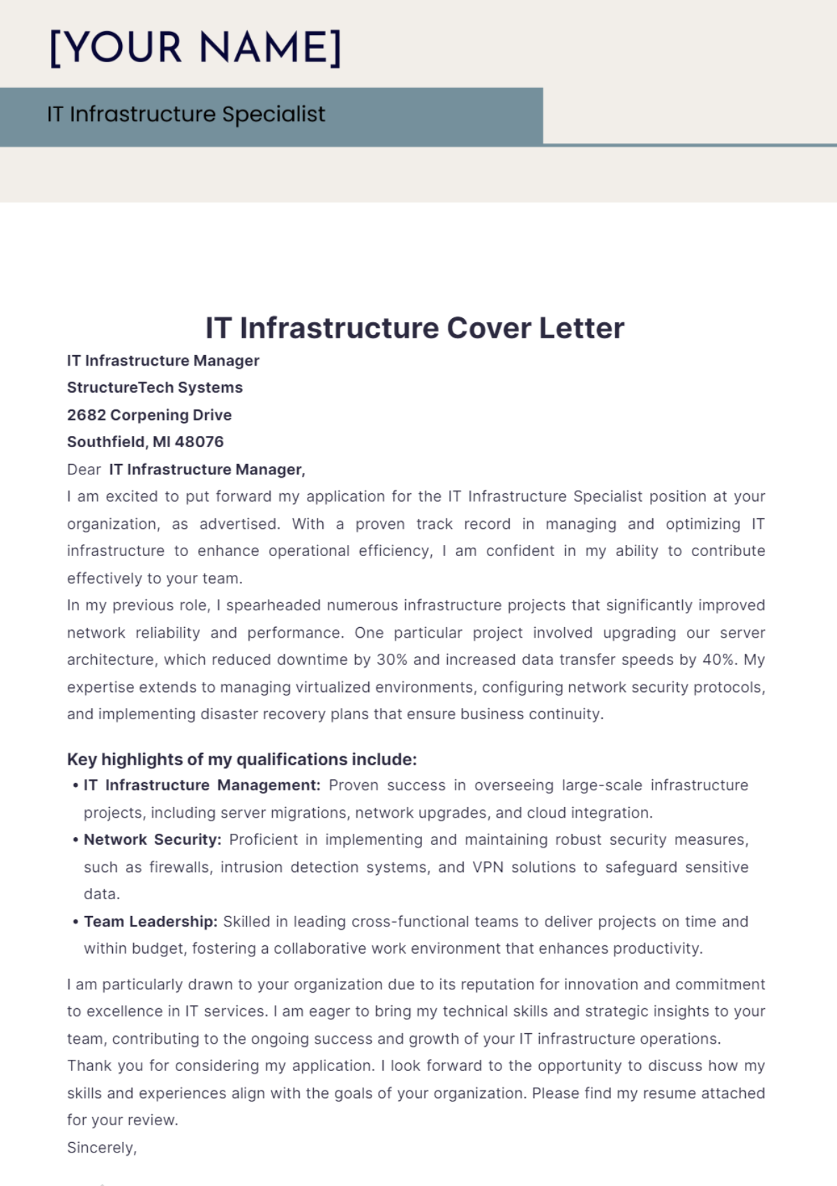 IT Infrastructure Cover Letter - Edit Online & Download