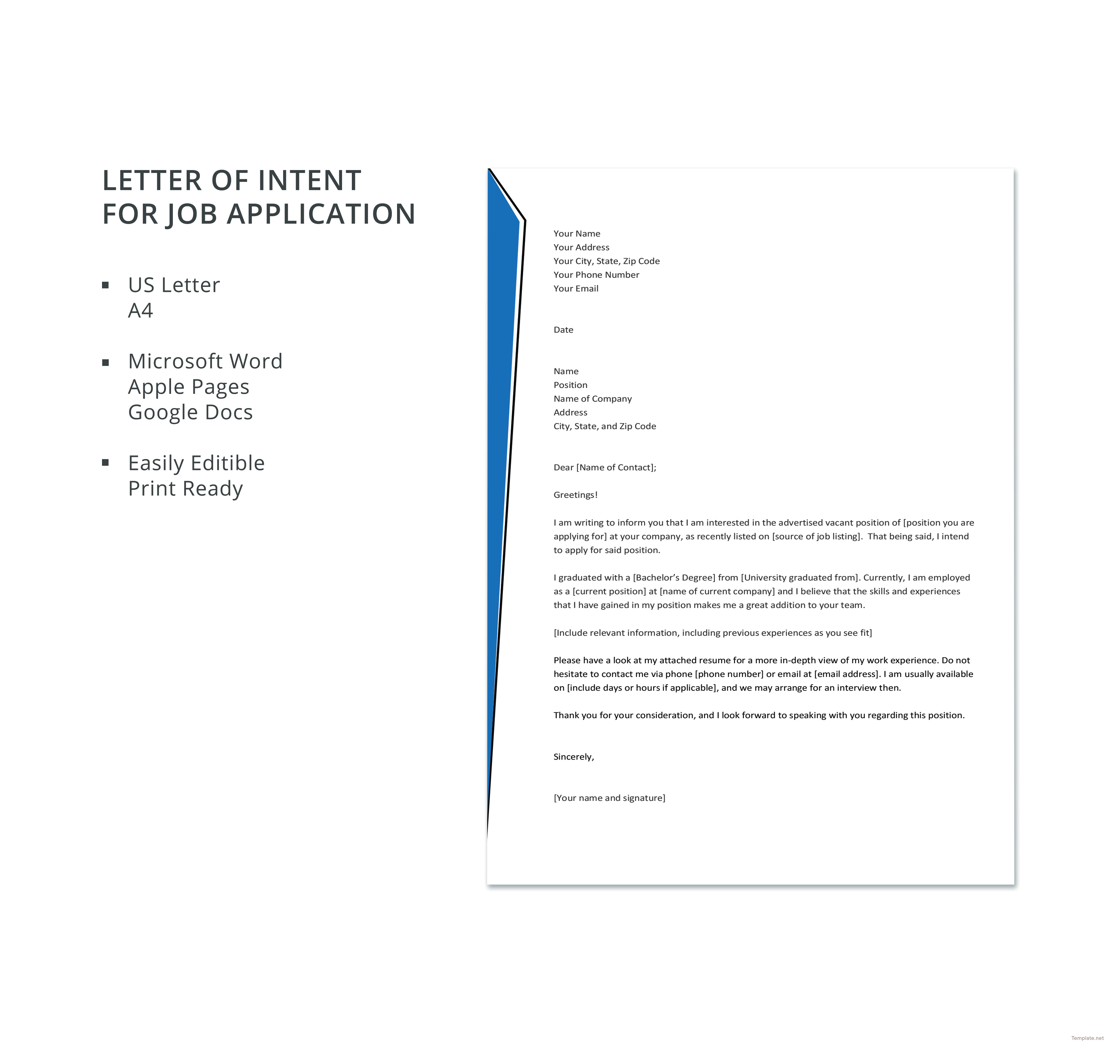 Letter of Intent for Job Application Template in Microsoft Word, Apple