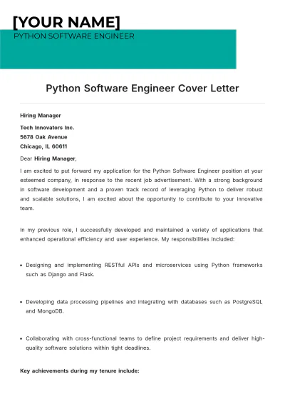 Free Python Software Engineer Cover Letter to Edit Online