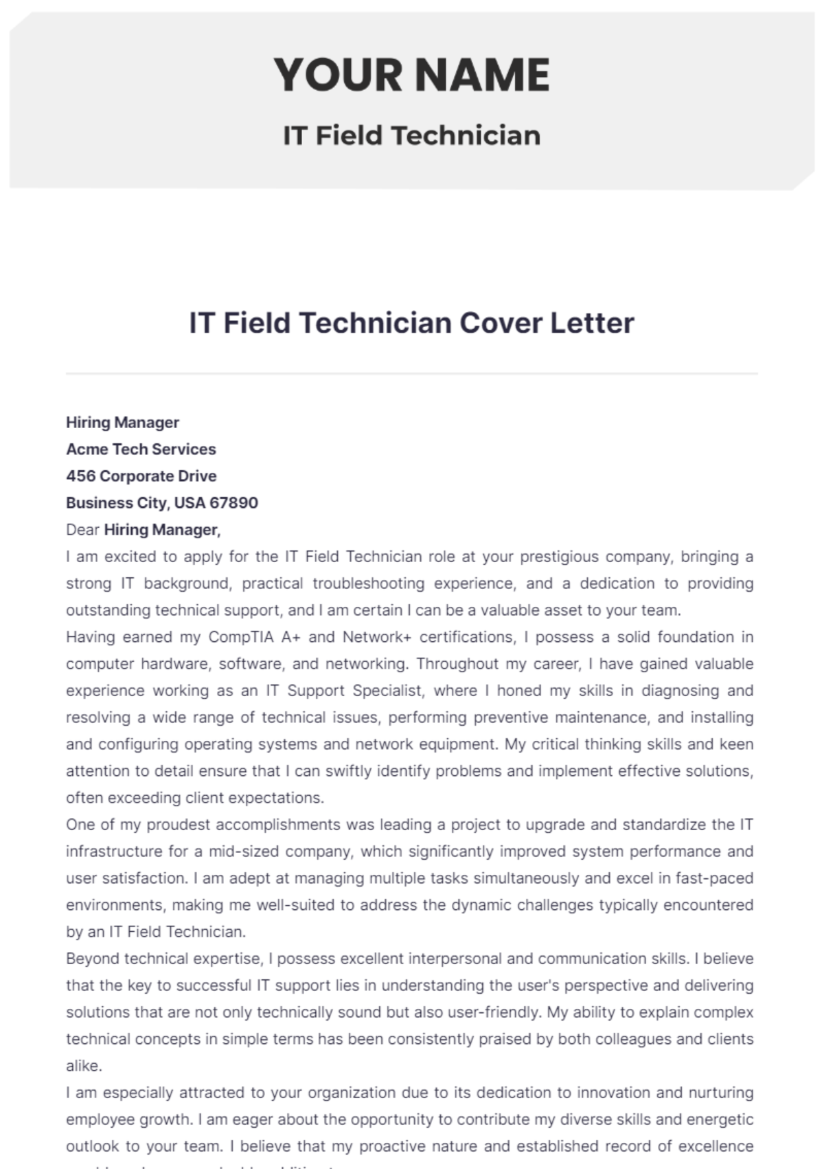 IT Field Technician Cover Letter - Edit Online & Download