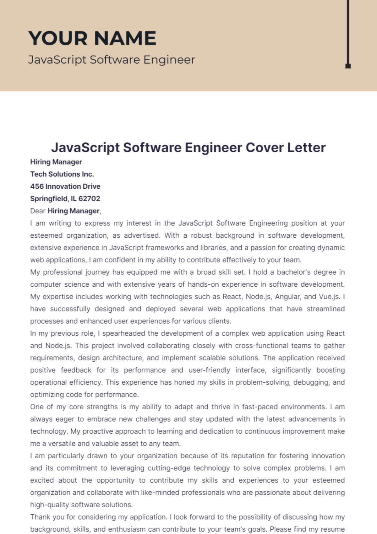 Javascript Software Engineer Cover Letter