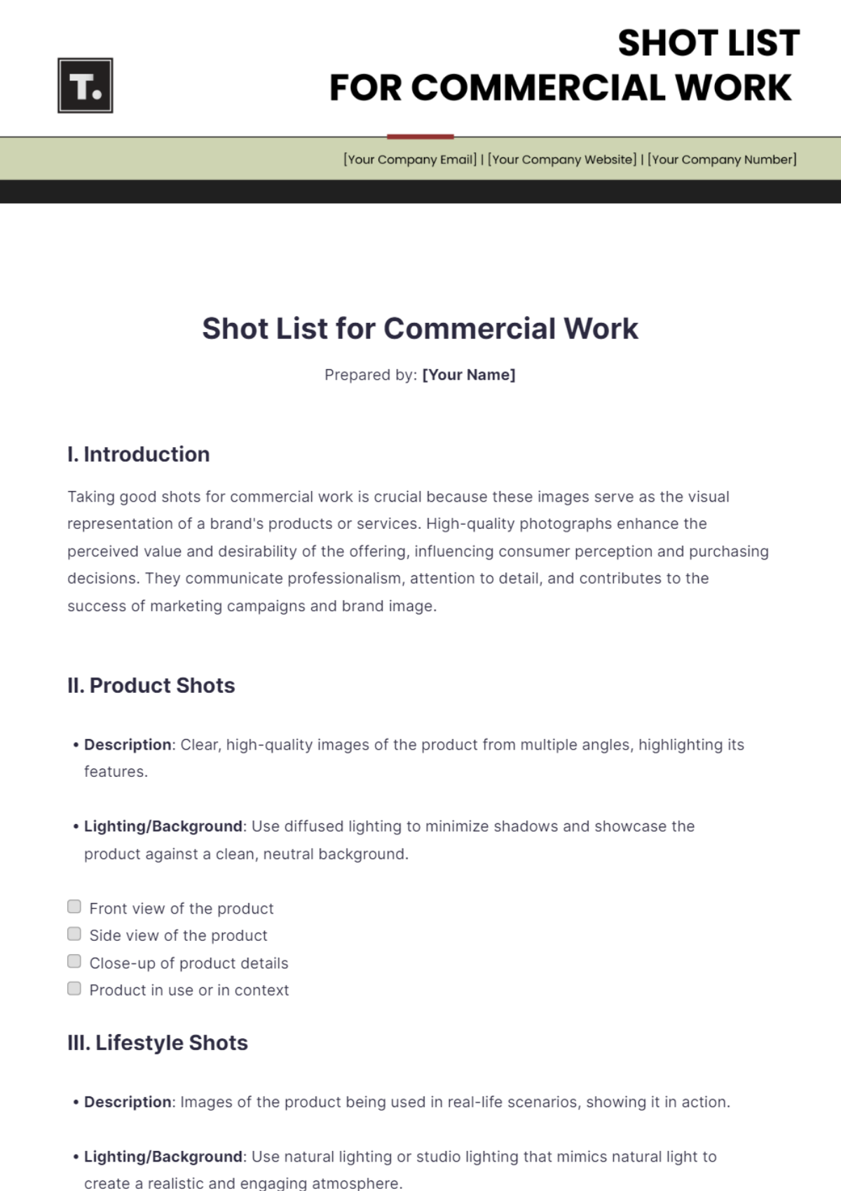 Shot List for Commercial Work Template - Edit Online & Download