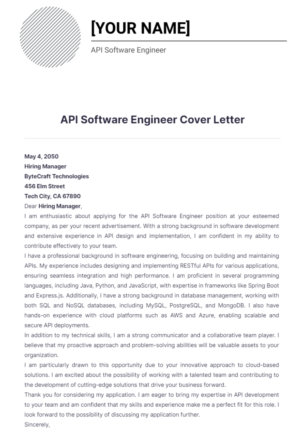 API Software Engineer Cover Letter