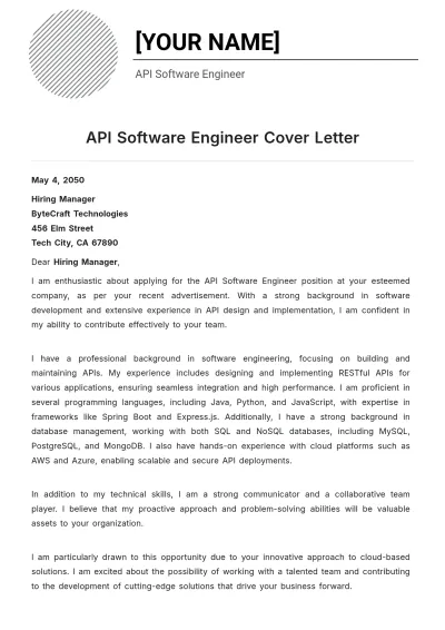 Free API Software Engineer Cover Letter to Edit Online