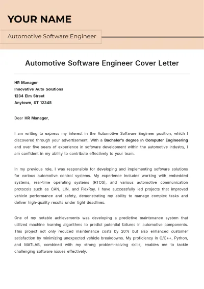 Free Automotive Software Engineer Cover Letter to Edit Online