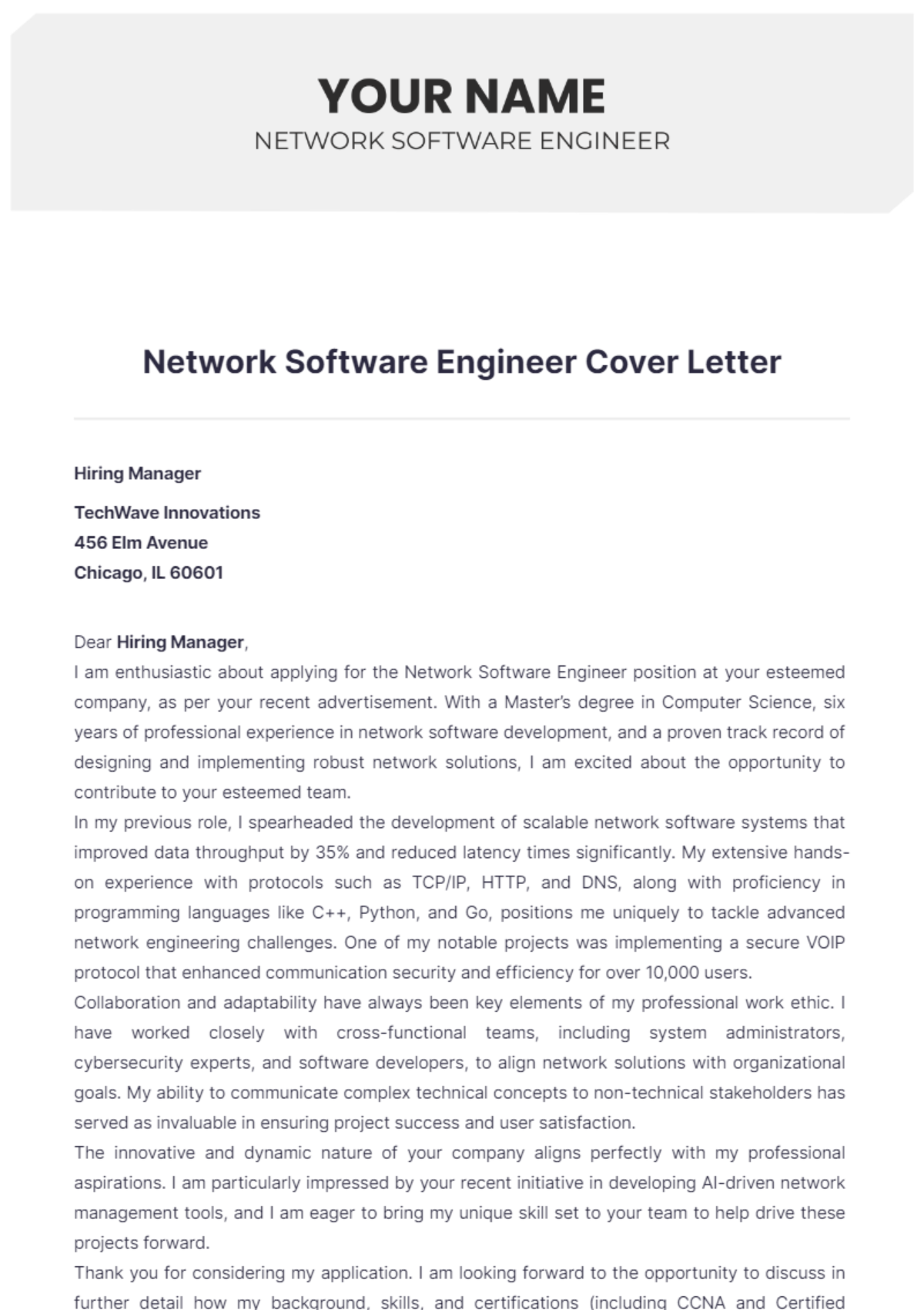 Network Software Engineer Cover Letter