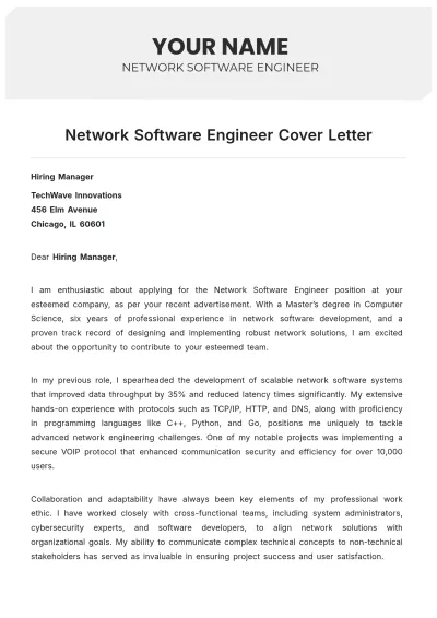 Free Network Software Engineer Cover Letter to Edit Online