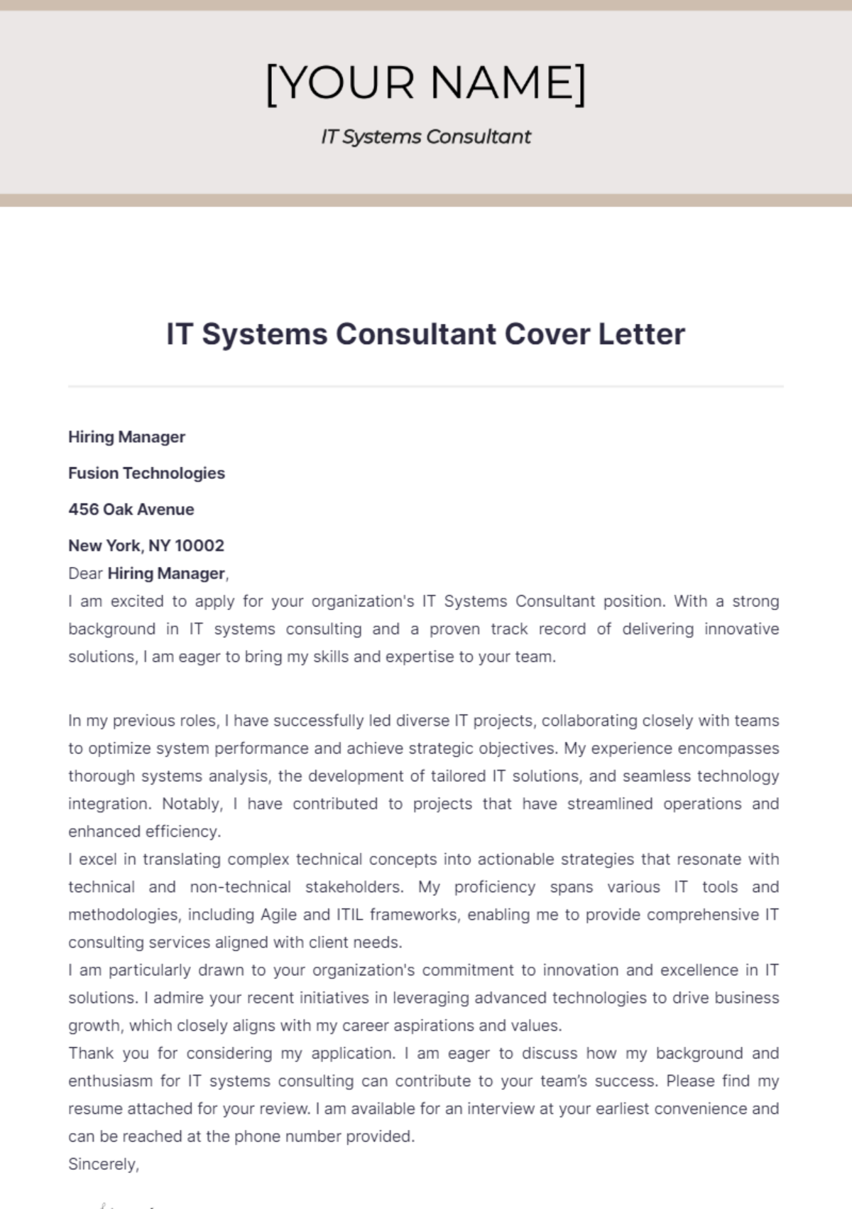 IT Systems Consultant Cover Letter - Edit Online & Download