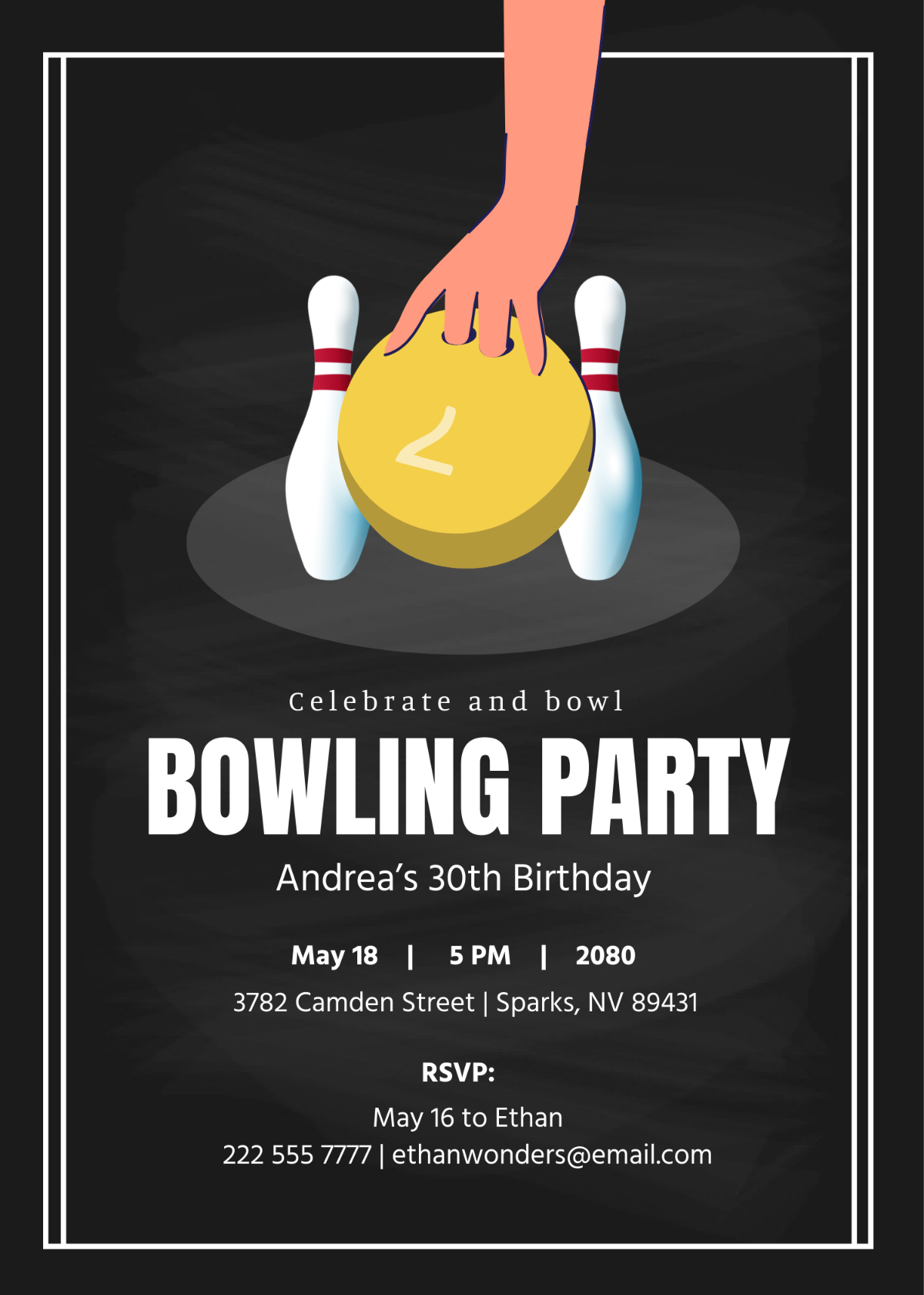 Chalkboard Bowling Birthday Party Invitation
