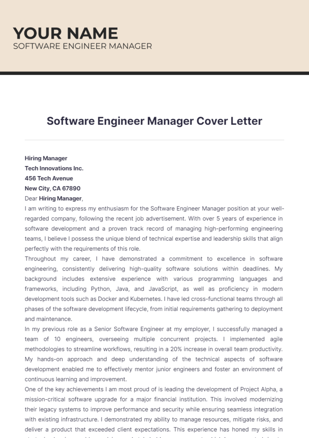 Software Engineer Manager Cover Letter