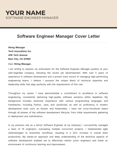 Free Software Engineer Manager Cover Letter to Edit Online