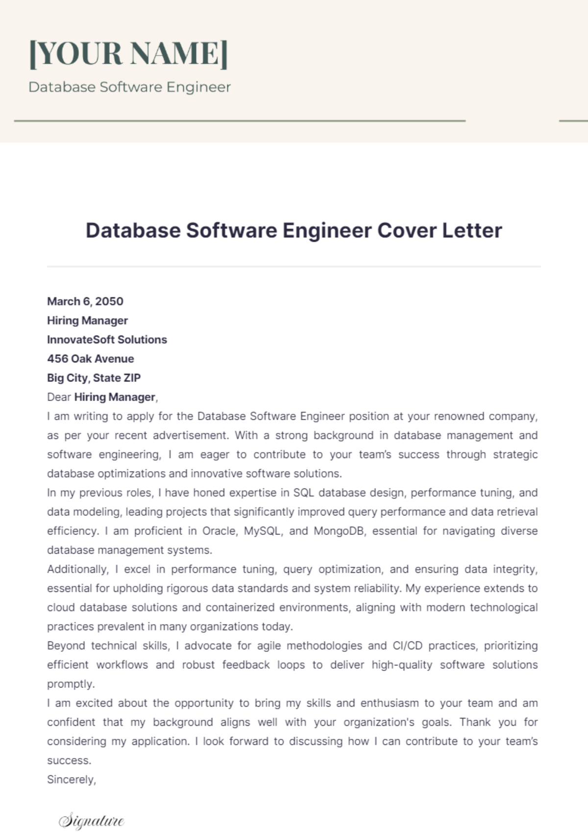 Database Software Engineer Cover Letter - Edit Online & Download