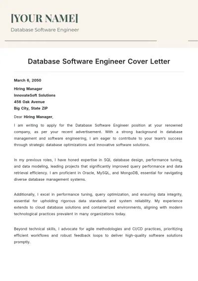 Free Database Software Engineer Cover Letter to Edit Online