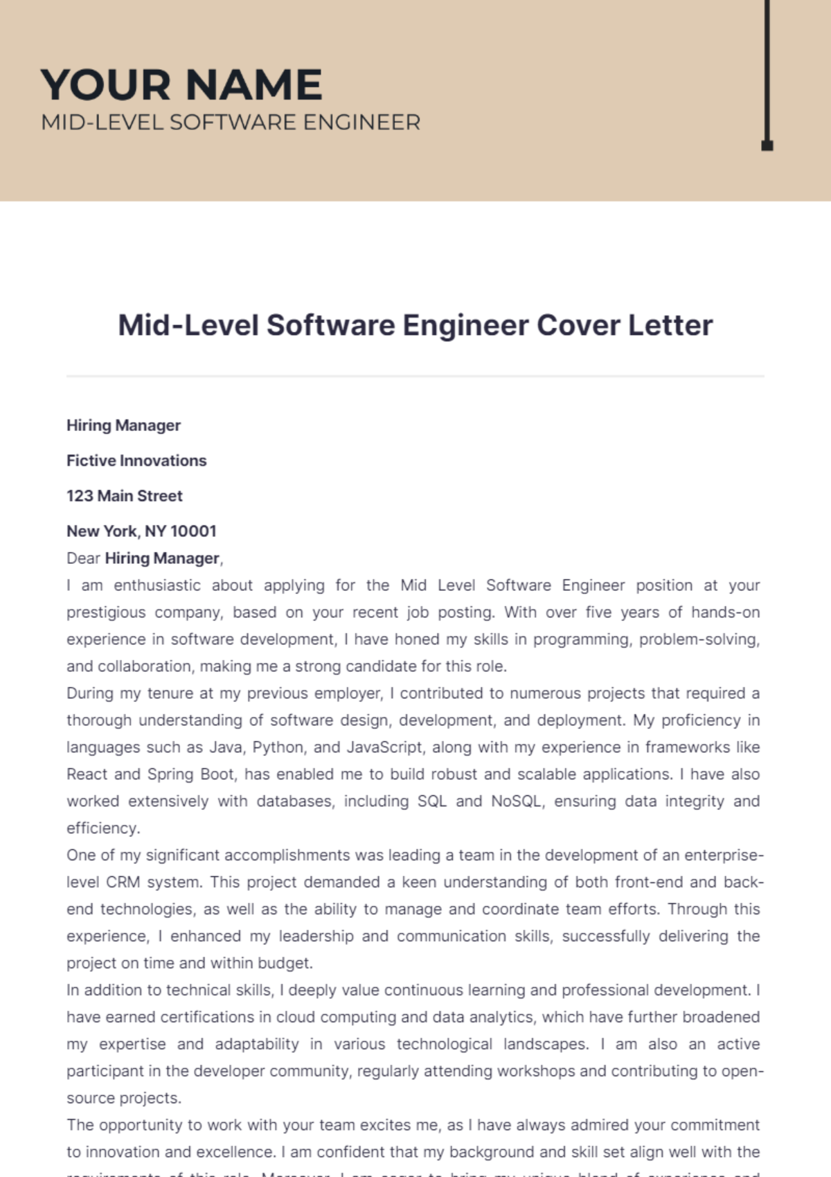 Mid Level Software Engineer Cover Letter