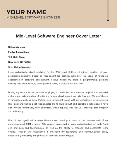 Free Mid Level Software Engineer Cover Letter to Edit Online