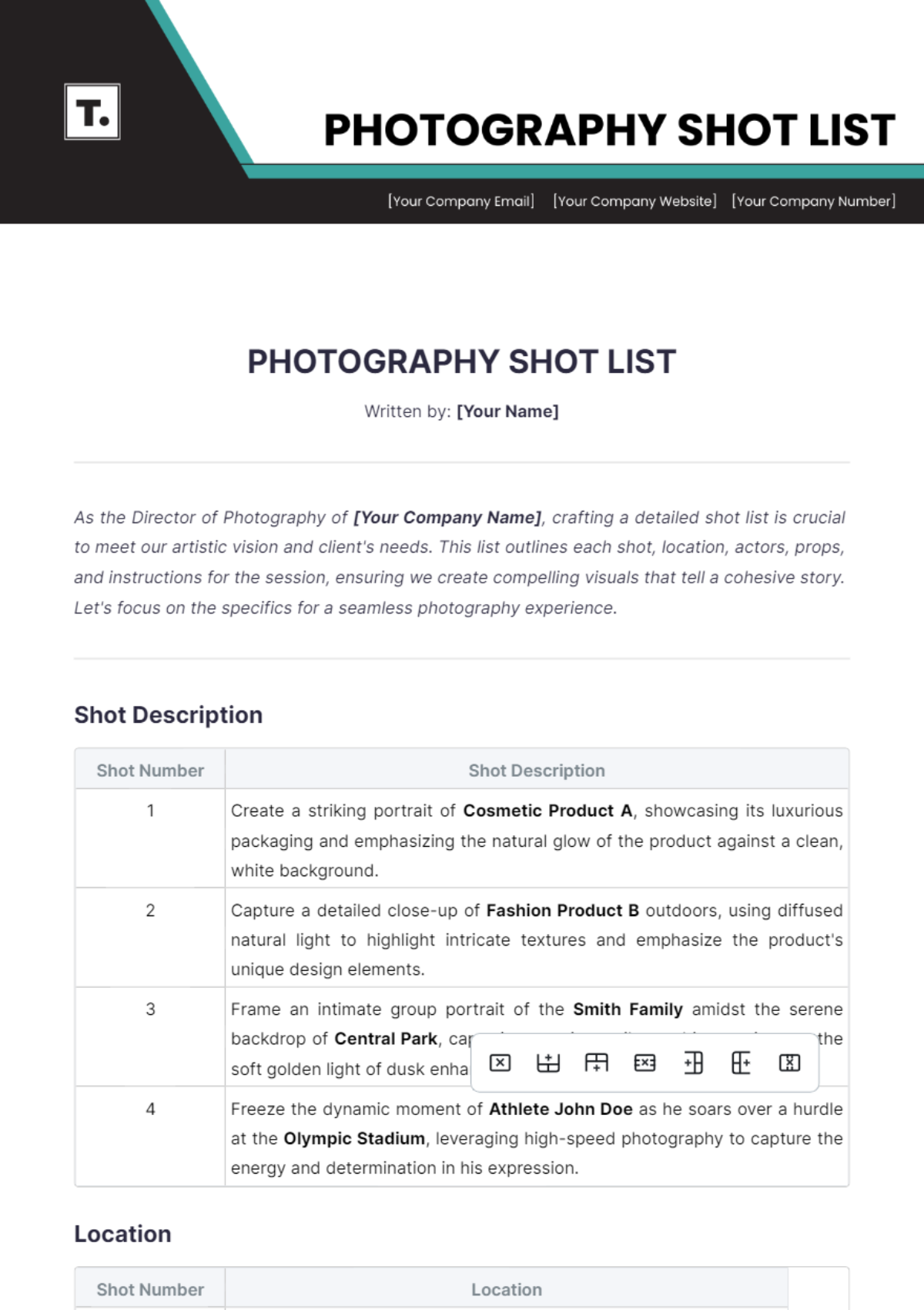 Photography Shot List Template - Edit Online & Download