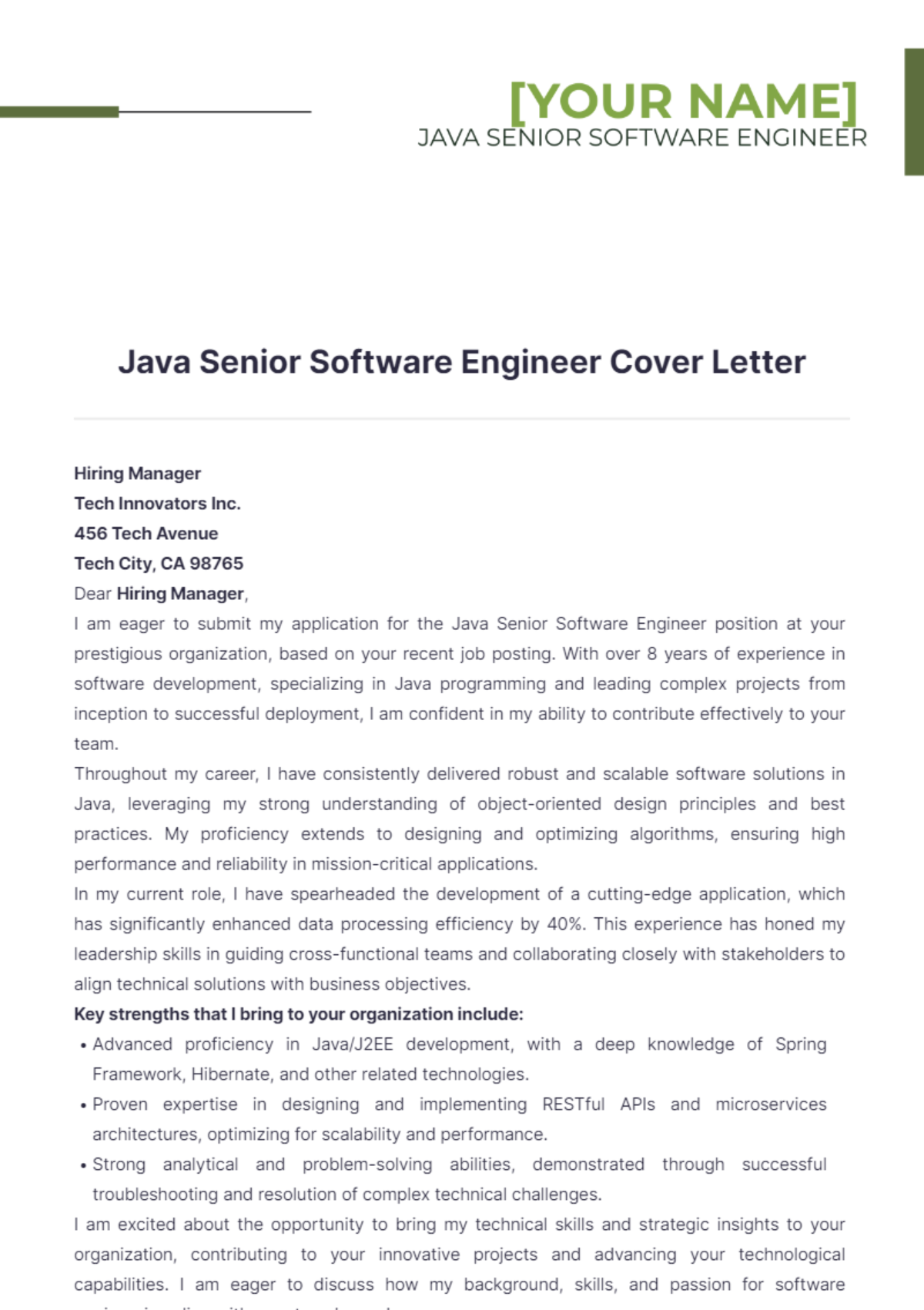 Java Senior Software Engineer Cover Letter