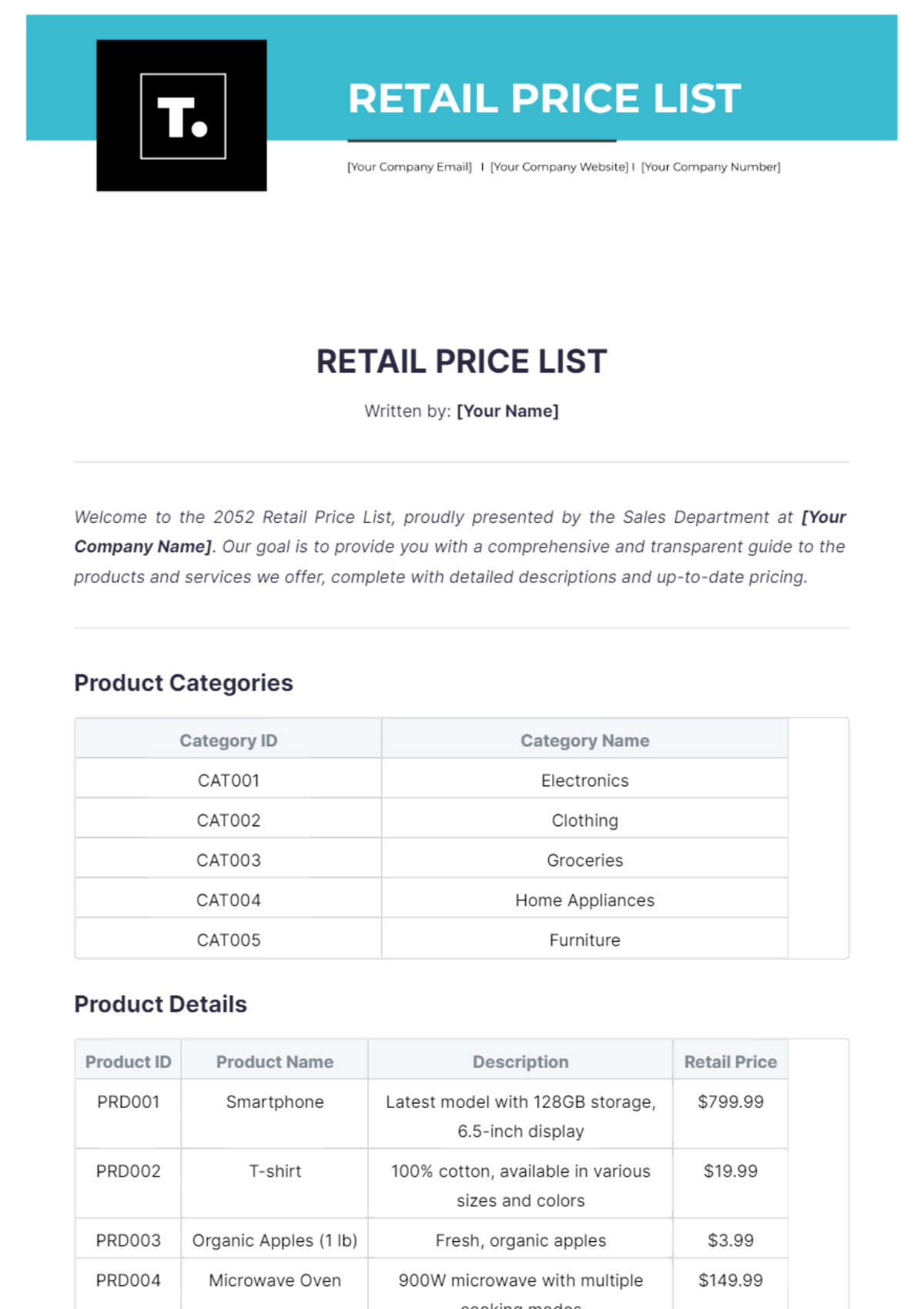 Retail Price List Template - Edit Online & Download