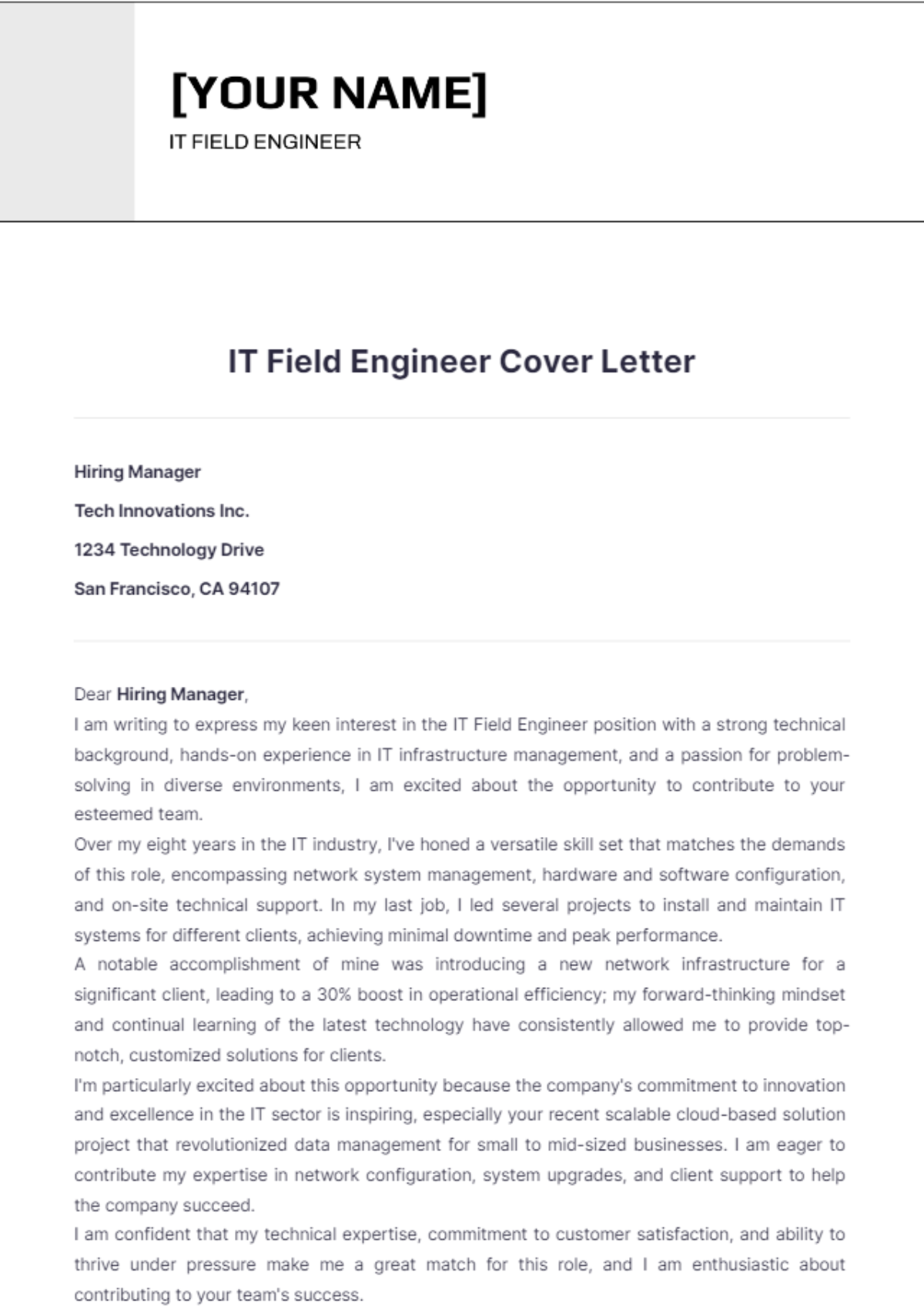 IT Field Engineer Cover Letter - Edit Online & Download