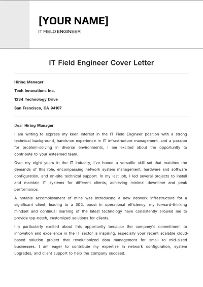 Free IT Field Engineer Cover Letter to Edit Online