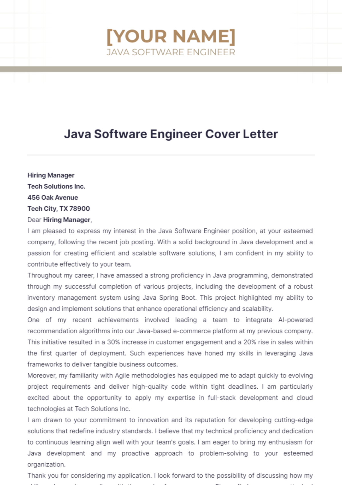 Java Software Engineer Cover Letter - Edit Online & Download