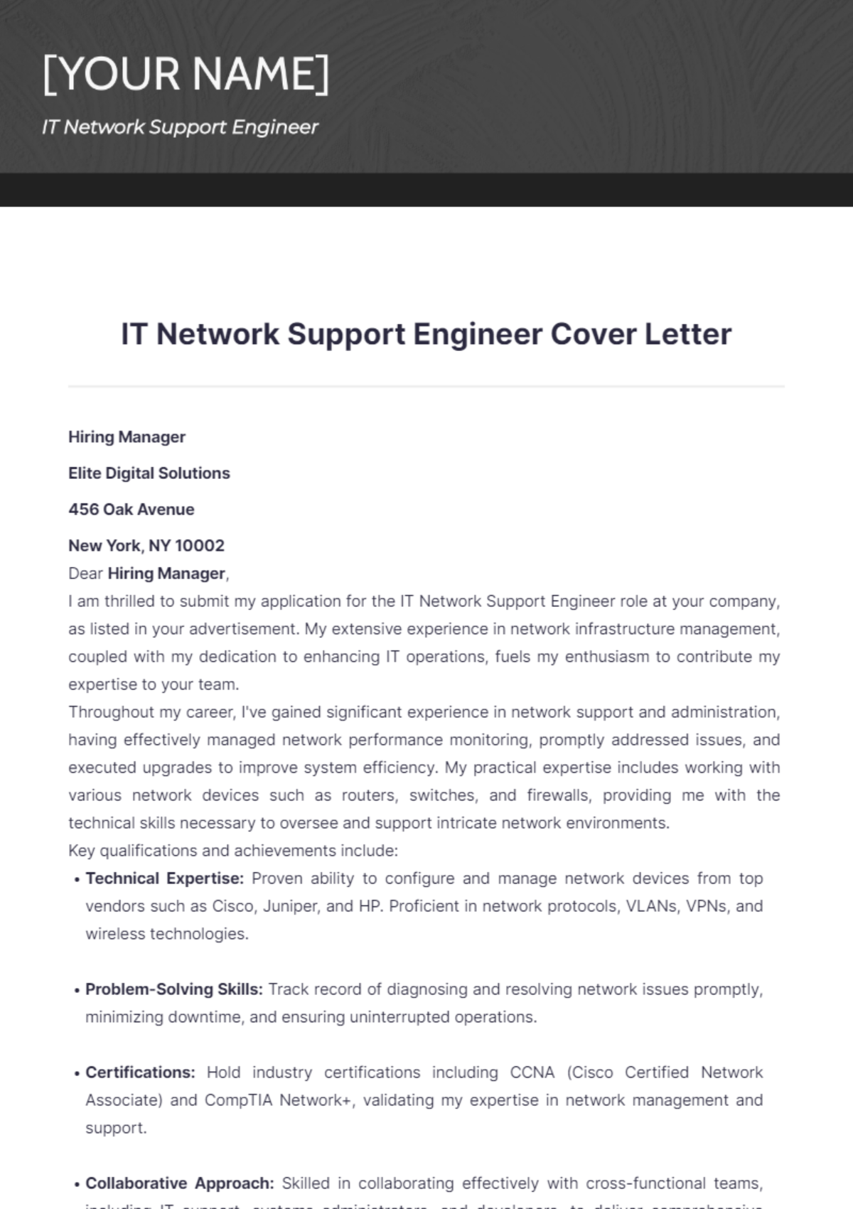 IT Network Support Engineer Cover Letter - Edit Online & Download