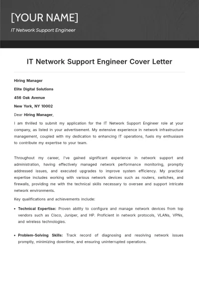 Free IT Network Support Engineer Cover Letter to Edit Online