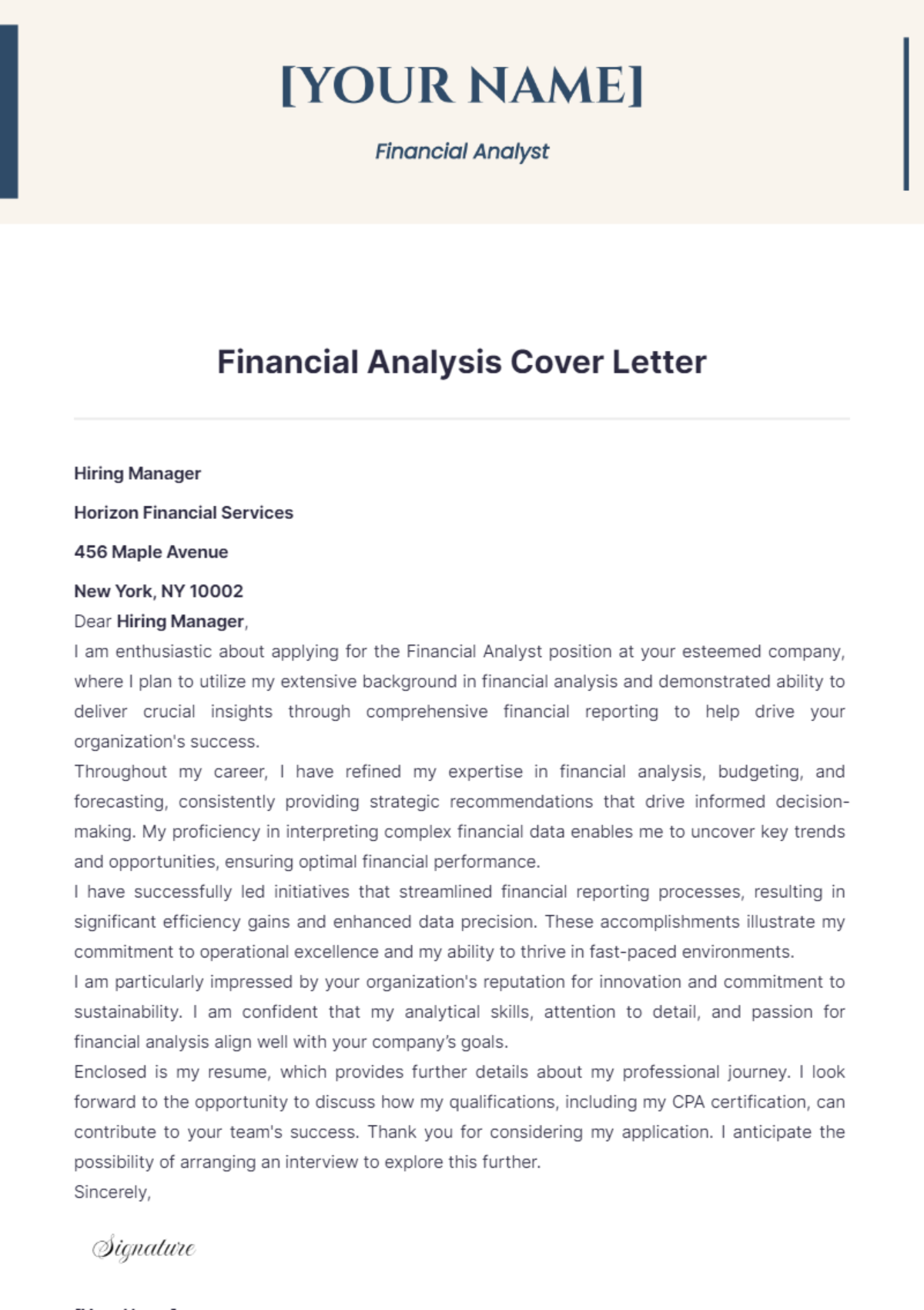 Financial Analysis Cover Letter - Edit Online & Download