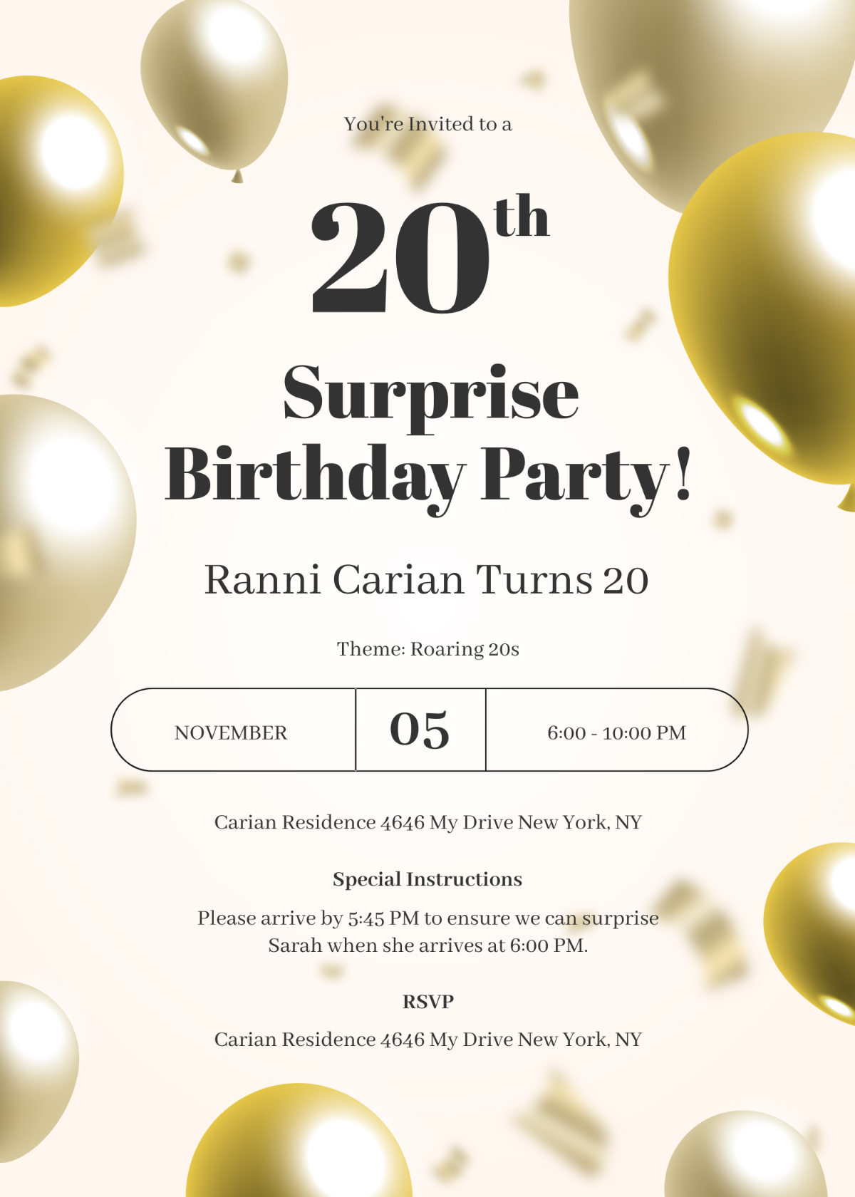 20th Surprise Birthday Party Invitation