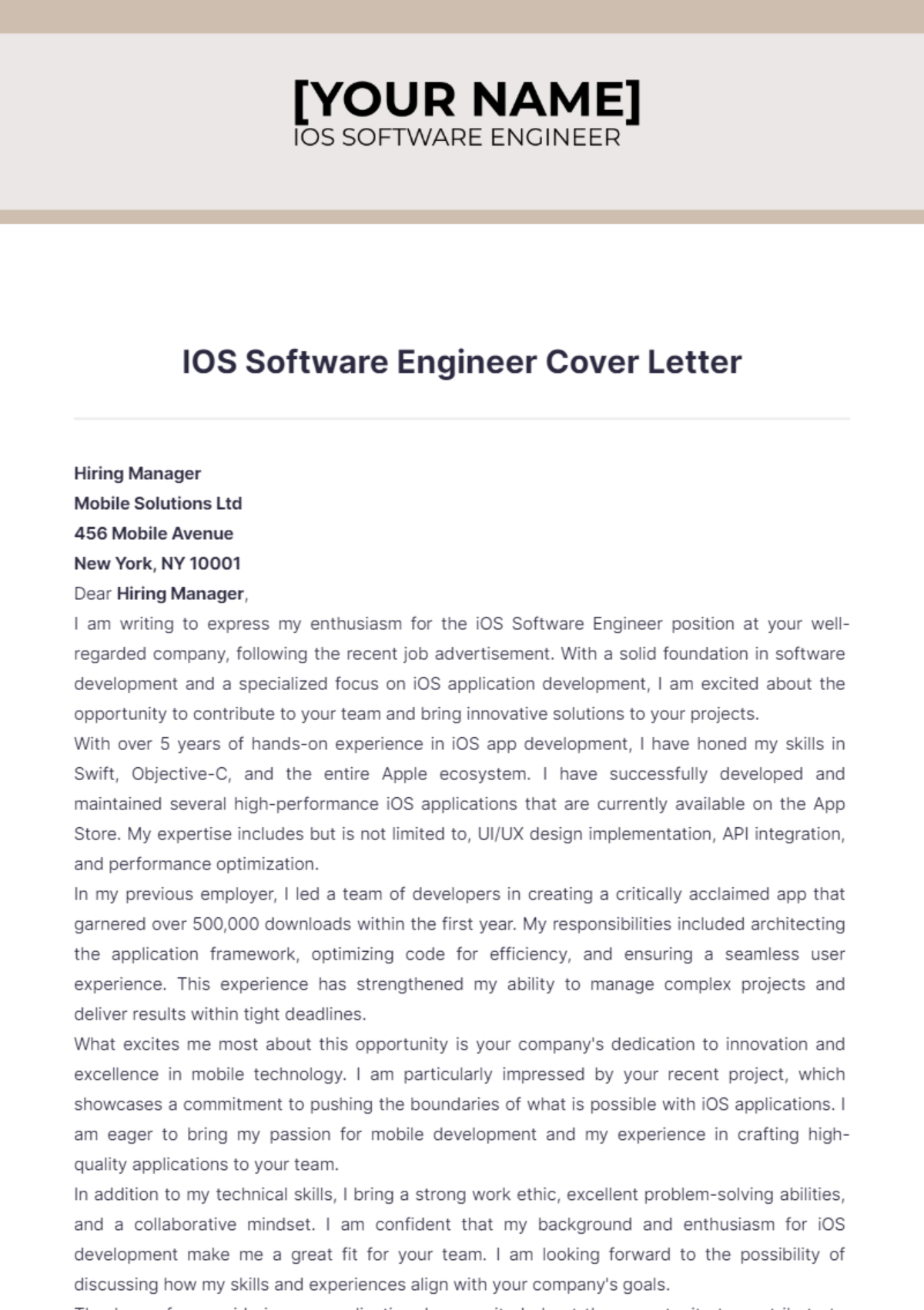 IOS Software Engineer Cover Letter Edit Online & Download Example