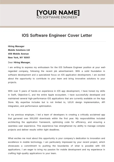 Free IOS Software Engineer Cover Letter to Edit Online