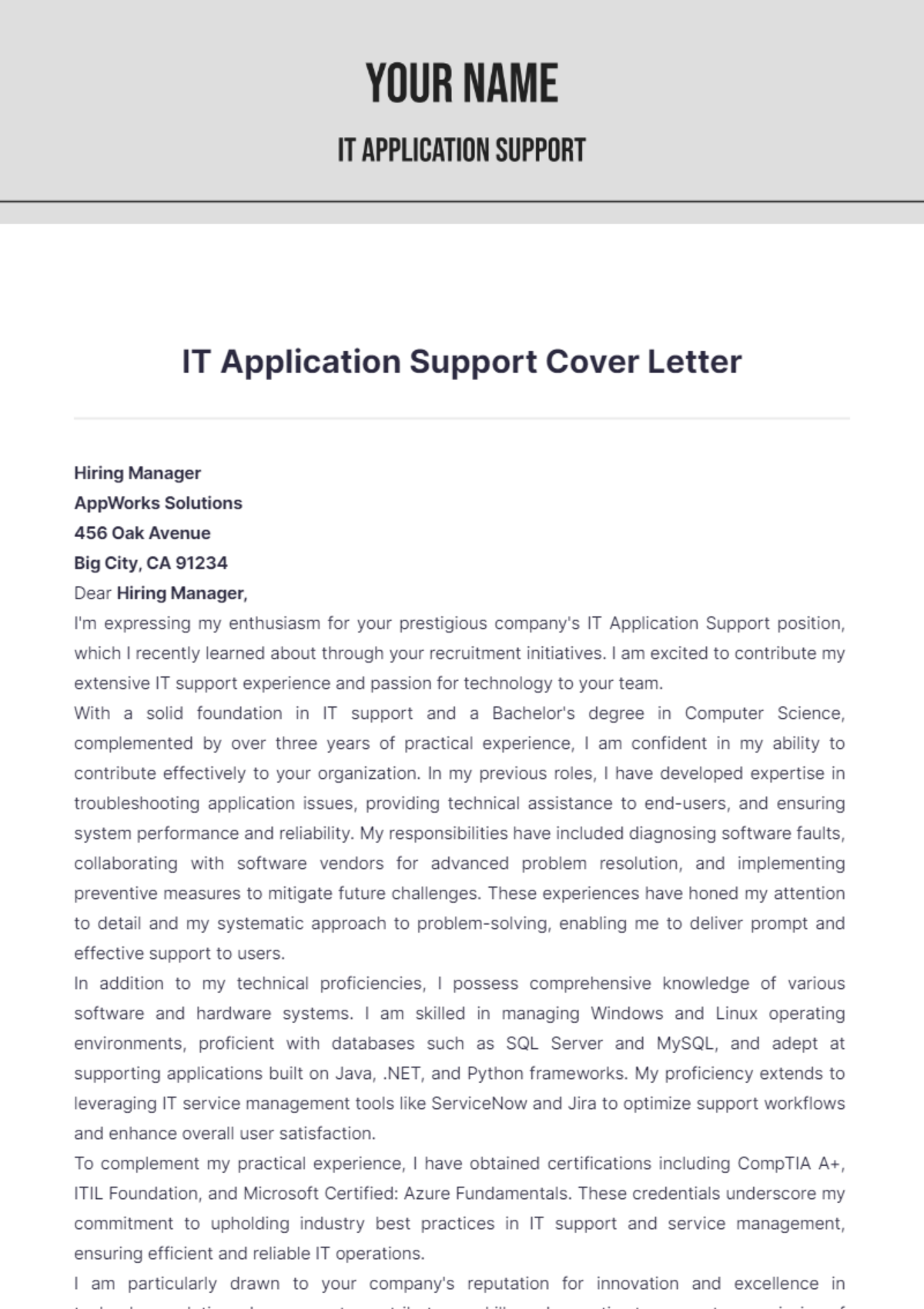 IT Application Support Cover Letter - Edit Online & Download