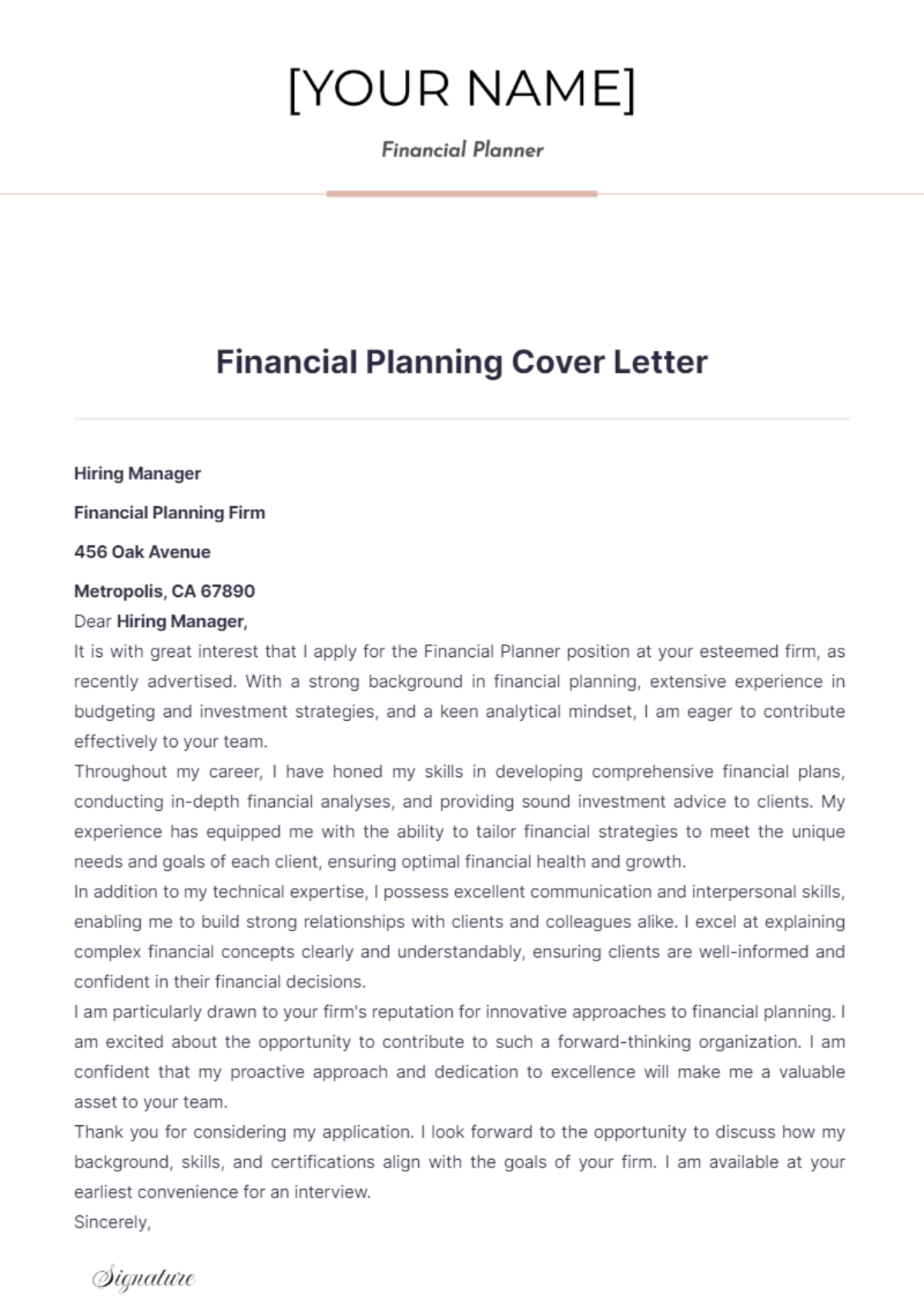 Financial Planning Cover Letter - Edit Online & Download