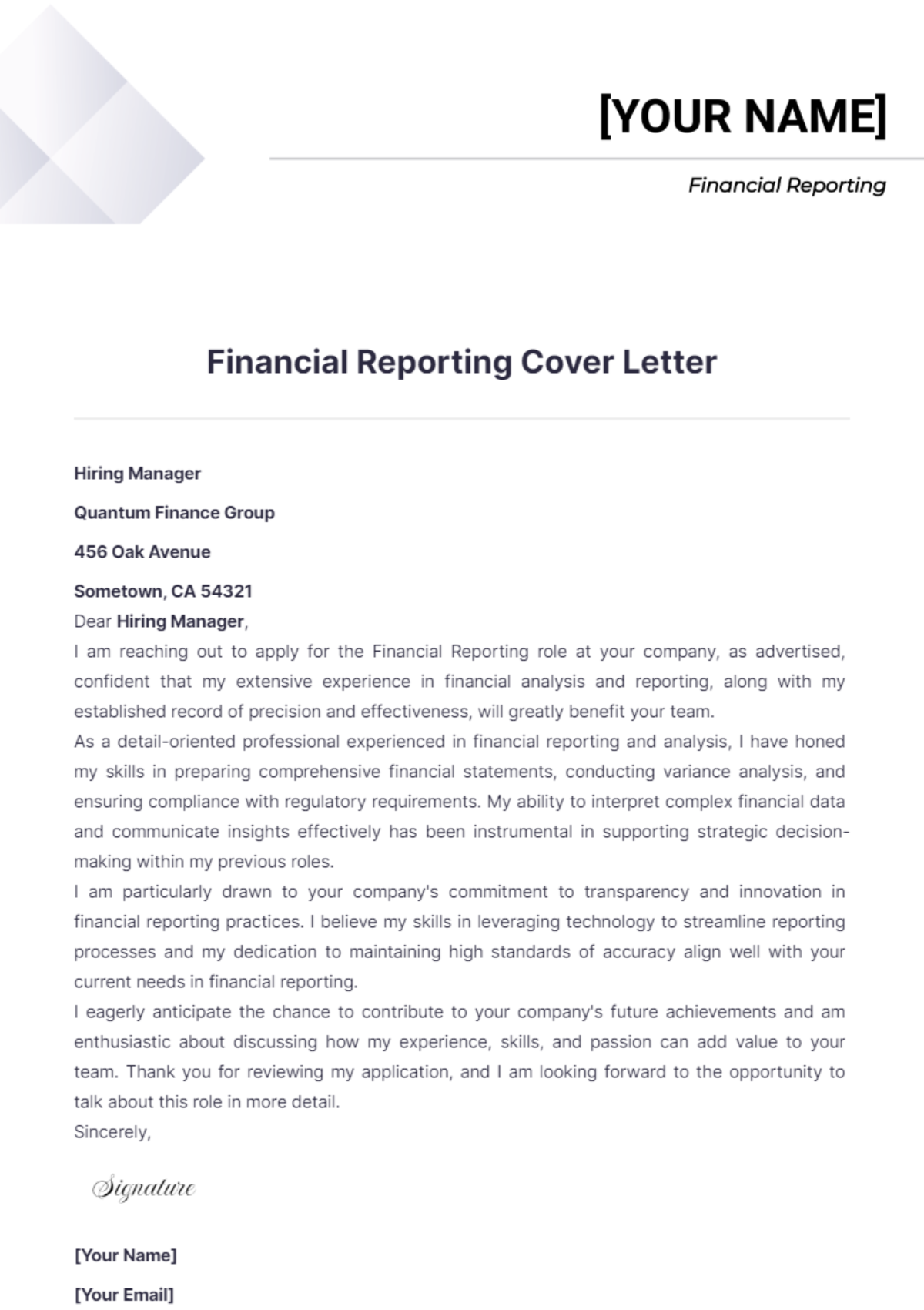 cover letter financial reporting