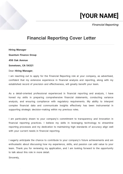 Free Financial Reporting Cover Letter to Edit Online