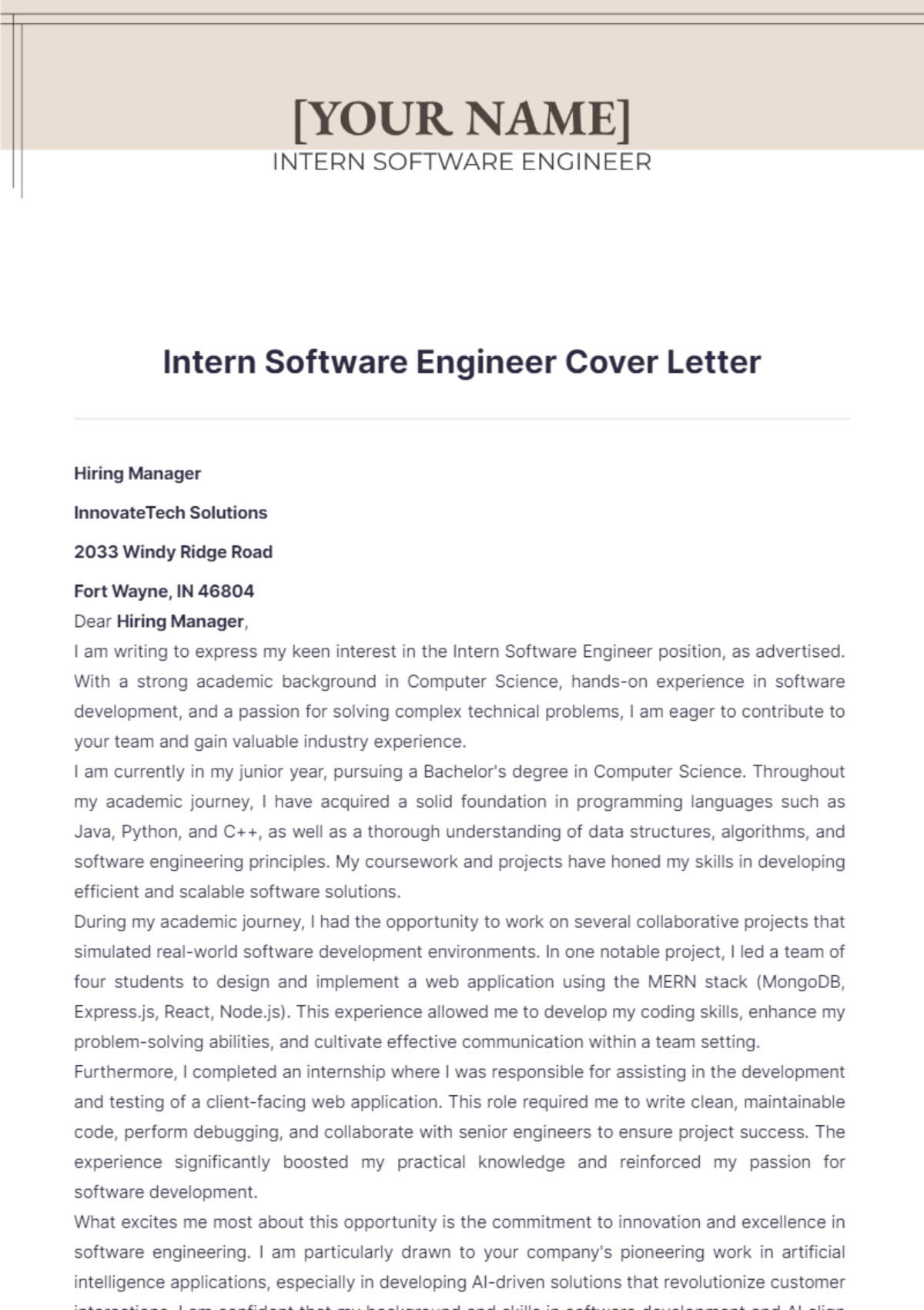 Intern Software Engineer Cover Letter