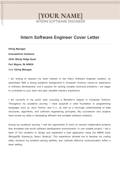 Free Intern Software Engineer Cover Letter to Edit Online