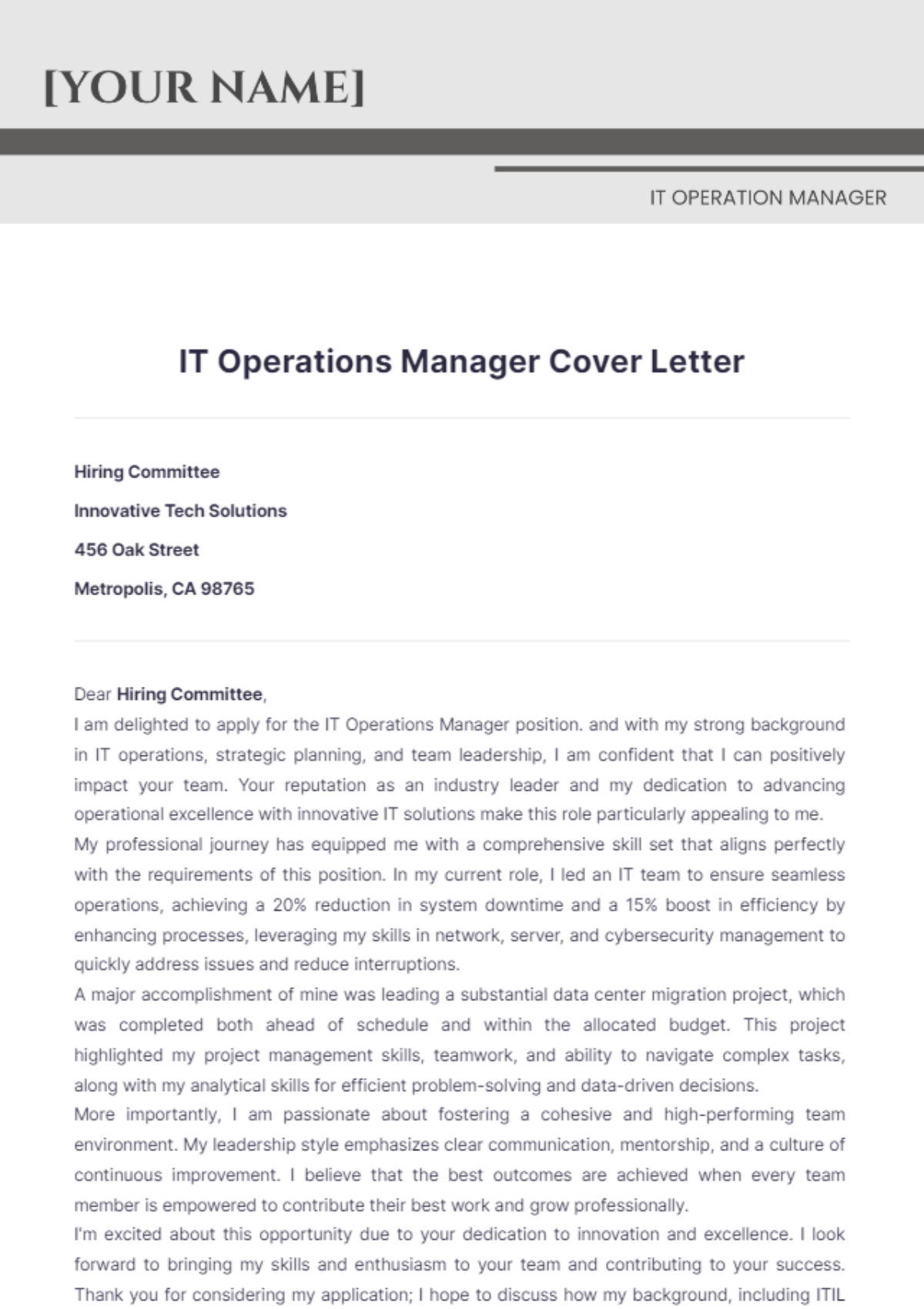 IT Operations Manager Cover Letter - Edit Online & Download