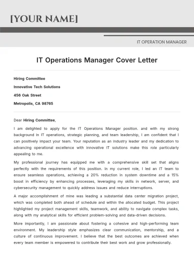 Free IT Operations Manager Cover Letter to Edit Online