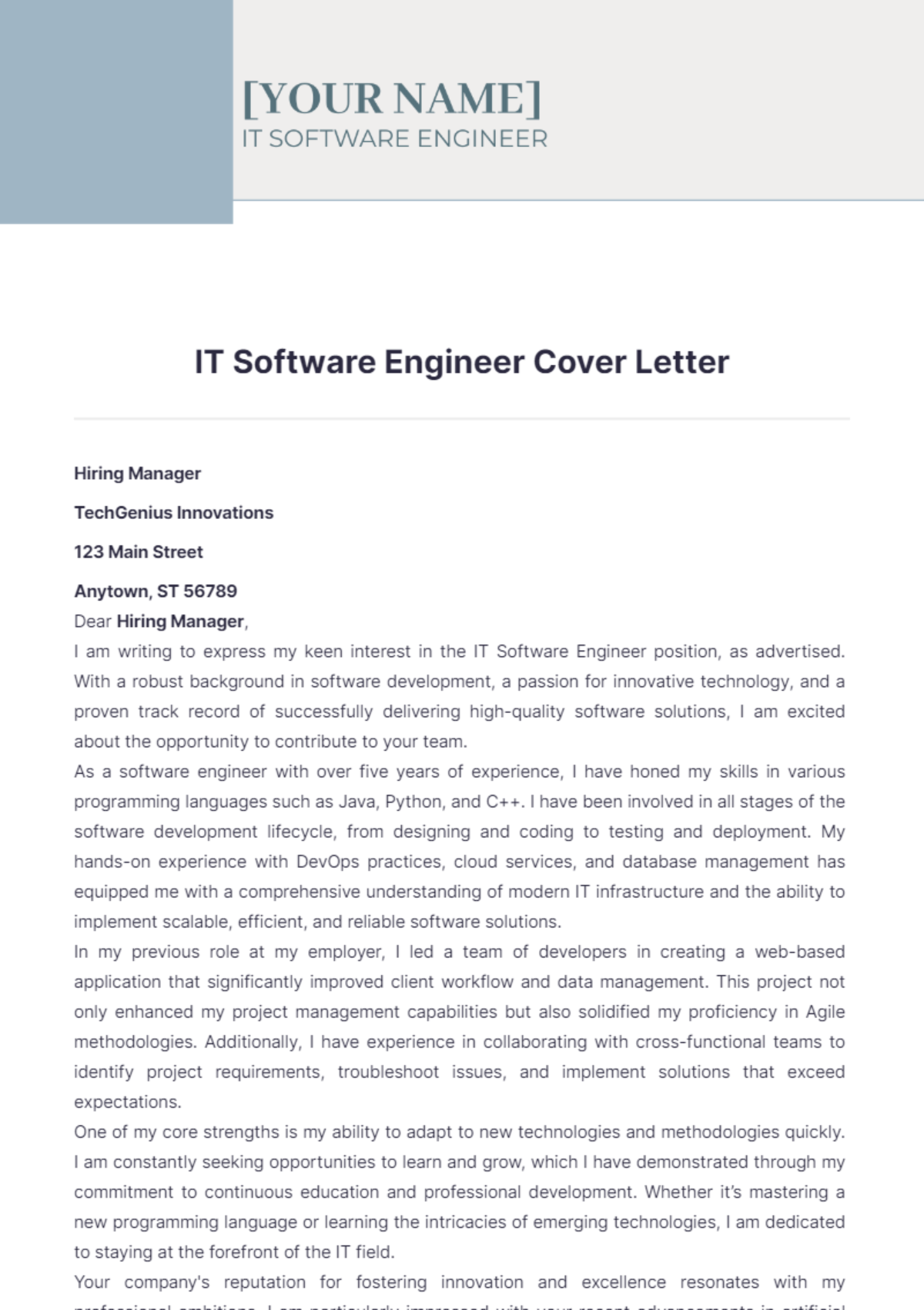 IT Software Engineer Cover Letter