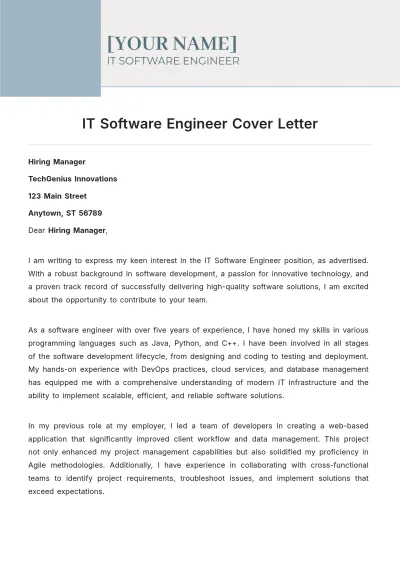 Free IT Software Engineer Cover Letter to Edit Online
