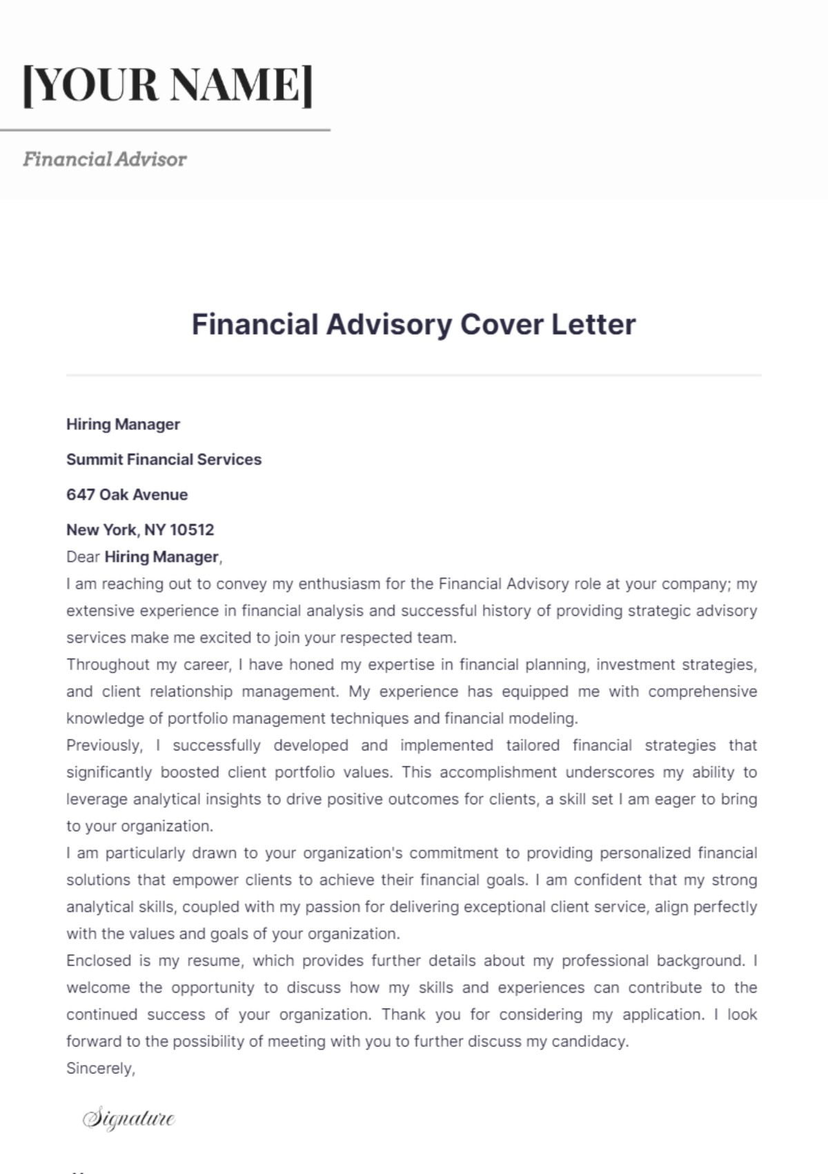 Financial Advisory Cover Letter - Edit Online & Download