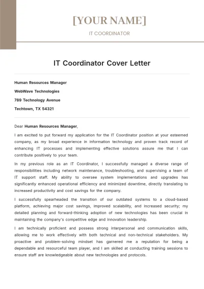 Free IT Coordinator Cover Letter to Edit Online