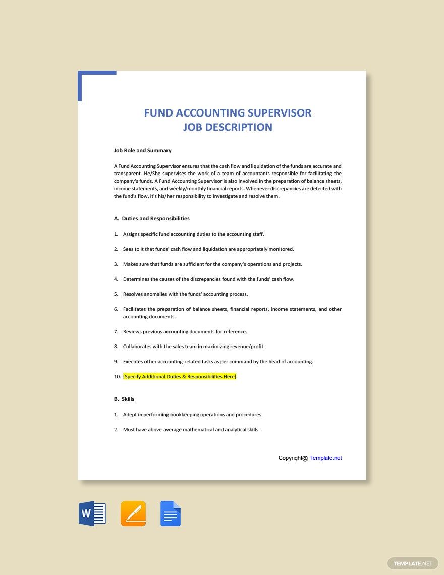 Fund Accounting Supervisor Job Description Template - Google Docs, Word