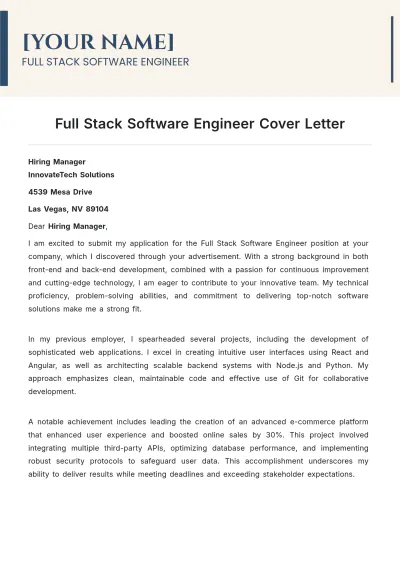 Free Full Stack Software Engineer Cover Letter to Edit Online