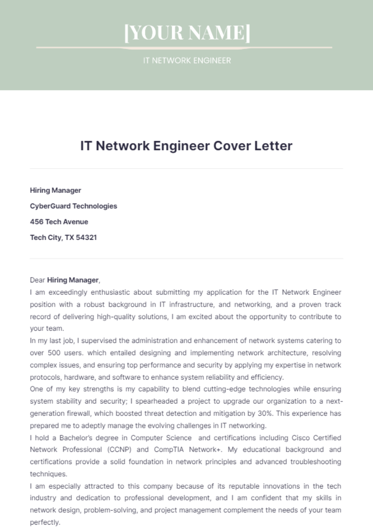 IT Network Engineer Cover Letter - Edit Online & Download