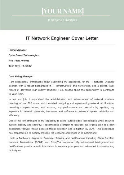 Free IT Network Engineer Cover Letter to Edit Online